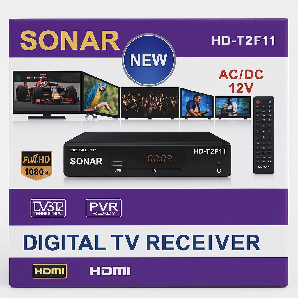 📺 SONAR HD-T2F11 Digital TV Receiver 🎉 | Full HD 1080p HDMI 📡 | Watch Free-to-Air Channels with Crystal Clear Quality ✨ | AC/DC 12V Compatible 🔌 | PVR Ready & Easy Setup 📦