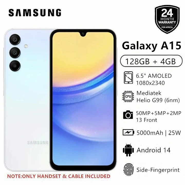 Samsung Galaxy A15: 4G, 128GB Storage + 4GB, 6GB RAM, 6.5" Super AMOLED Display, Dual SIM, 5000mAh Battery, 50MP Quad Camera