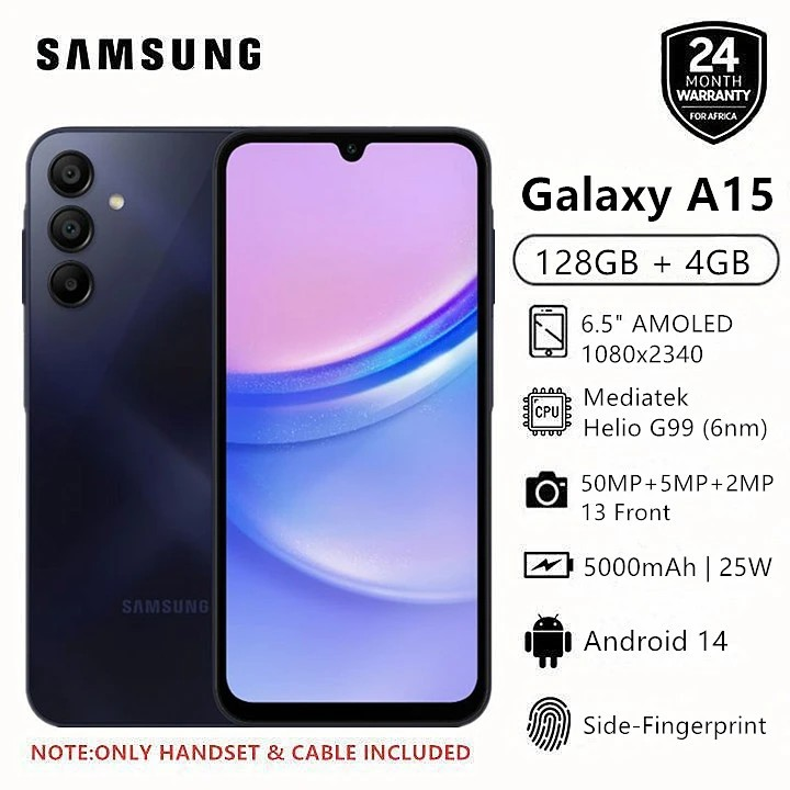 Samsung Galaxy A15: 4G, 128GB Storage + 4GB, 6GB RAM, 6.5" Super AMOLED Display, Dual SIM, 5000mAh Battery, 50MP Quad Camera
