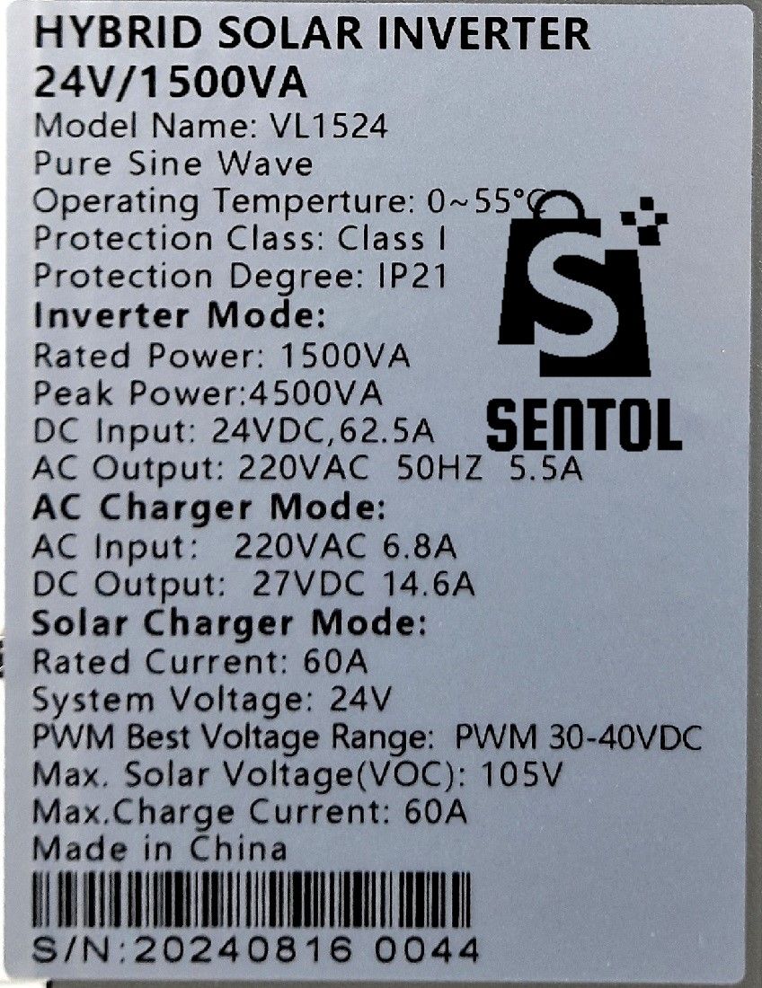 1500W 1.5KVA 24V DC to AC 230V Pure Sine Wave Hybrid Inverter Off-Grid Solar Inverter Charger