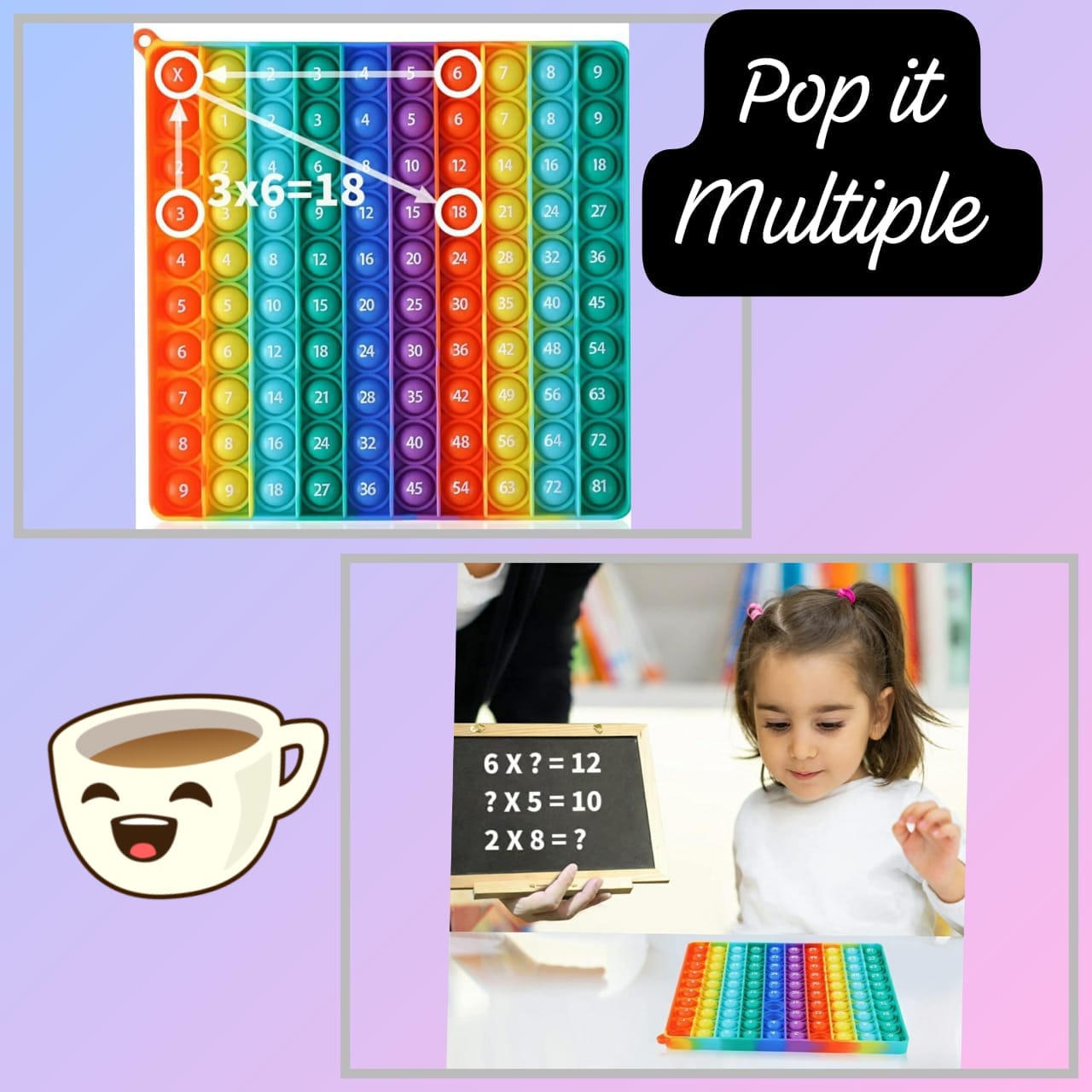 Pop It" fidget toy, specifically one designed with a multiplication table. It's a sensory toy with silicone bubbles that can be pressed down to create a popping sound. They are often used to relieve s