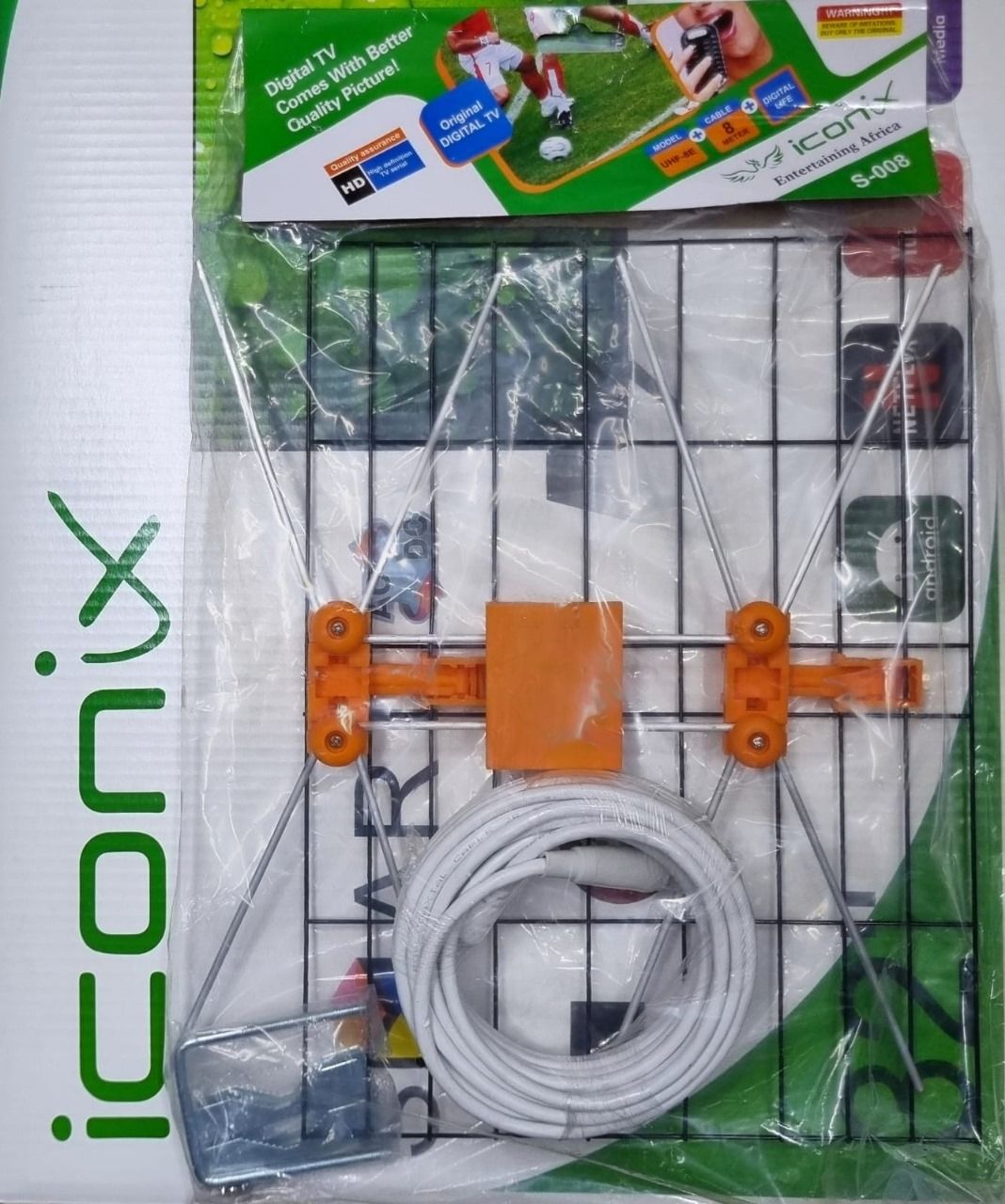Iconix S-008 digital TV antenna. 
Designed for receiving terrestrial over-the-air (OTA) broadcast television signals.
Supports all digital TVs and decoders, including GOtv.
Receives both UHF and VHF s