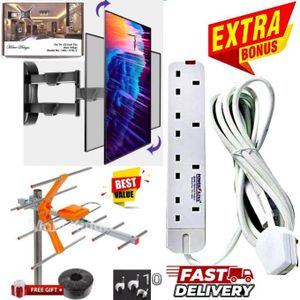 Home Design heavy-duty, full-motion TV wall mount, a digital TV aerial antenna signal receiver, and a 4-way power extension cable. 
The TV mount is described as rotating and tilting, suitable for TVs