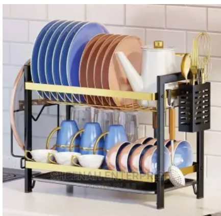 Metallic 2 tier dish rack with cutlery holder anti rust for kitchen utensils Golden dish rack