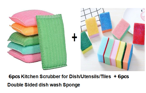 Kitchen sponge / scrubber cleaning tool 6PCS Sponge Scouring Pads Dish Washing Cleaning Scrubber + 6Pcs Double Side Dishwashing Sponge / Scrubber Dish MULTIPURPOSE for tiles,bathroom kitchen sufuria