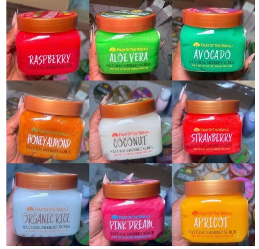 Fruit of wokali body and face Scrubs have been crafted to gently exfoliate all the dirt, oil & dead skin cells and leaves your skin feeling soft and velvety to the touch