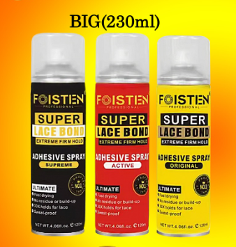 Foisten Super Lace Bond Lace Melting Spray Wig Glue Special Hair Glue Spray Lace Glue Spray Active Adhesive Spray, Original Adhesive Spray, or Supreme Adhesive Spray.  Say goodbye to wig worries