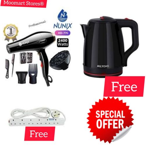 Nunix 2400W Pro Hair Dryer Set with Accessories, 2.2L Electric Kettle & 4-Way Extension – Fast Drying, Powerful, Stylish Home Bundle