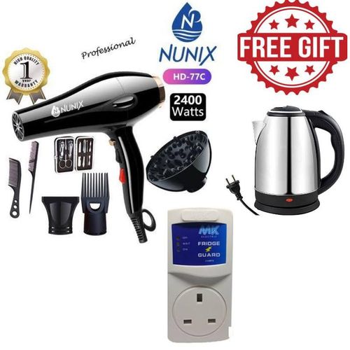 Nunix Professional Hair Blow Dryer with Free Gifts – Powerful Salon-Grade Hair Dryer for Fast Drying, Ionic Technology, Multiple Heat & Speed Settings, Lightweight Design for Home & Travel