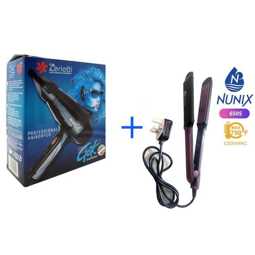 Ceriotti Super GEK 3000 Professional Hair Dryer + Nunix Ceramic Flat Iron – Salon-Grade Styling Set for Fast Drying, Frizz-Free Shine & Sleek Straight Hair (2200W)
