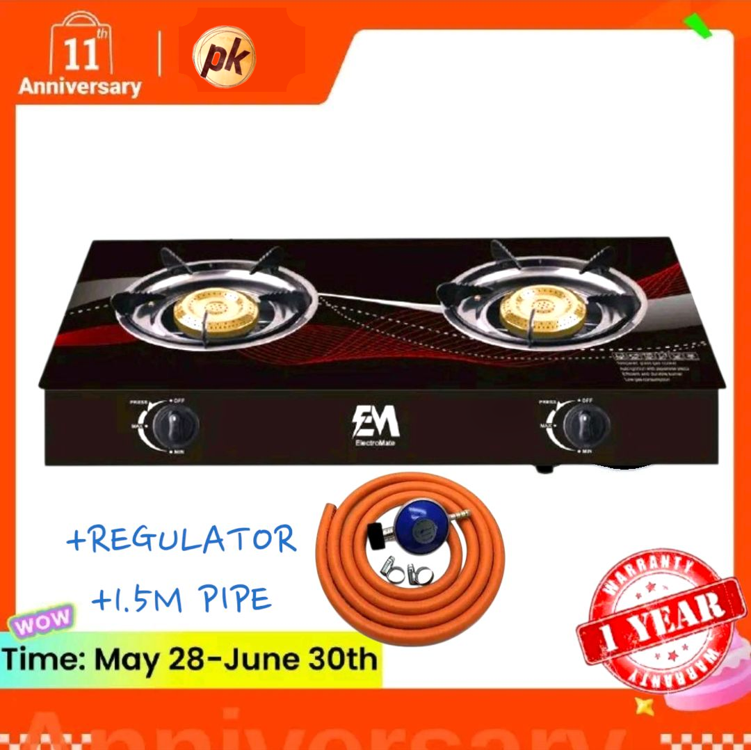 GLASS Complete electromate 2 Burner cooker + free gas pipe and 6kg regulator Gas Top Double Burner Gas stove gas cooker gas cooker/stove gas cooker cooking gas cooker burner gas cooker