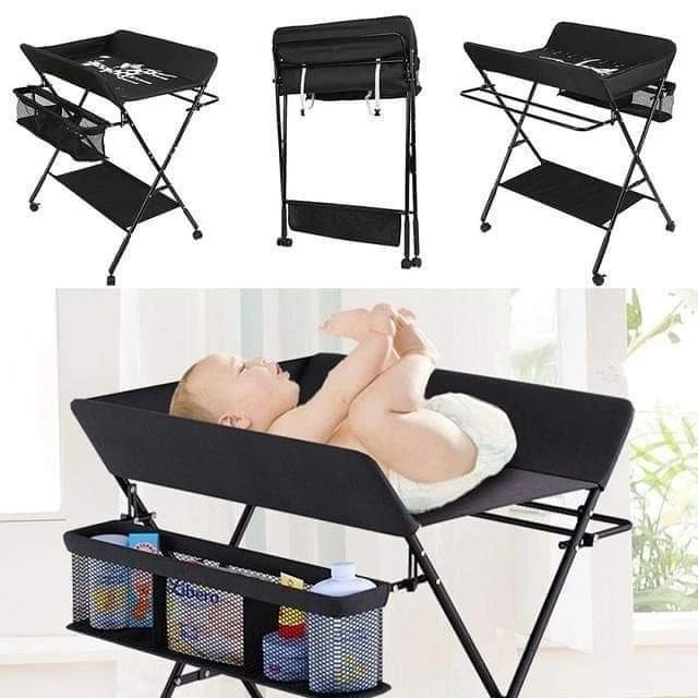 Baby Massage Table With Wheels, Adjustable Height Folding Portable Baby Shower Table Dressing Table, With Clothes Drying Rack & Storage Rack For Infant,black flagship models