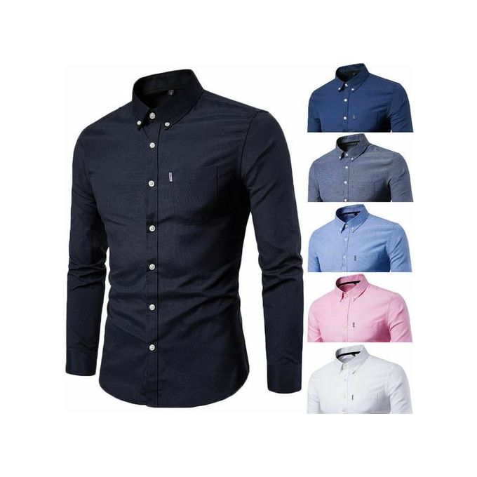 Fashionable 5-Piece Set of Men's Pure Cotton Black Long-Sleeve Button-Up Slim Fit Shirts – Versatile for Official and Casual Wear