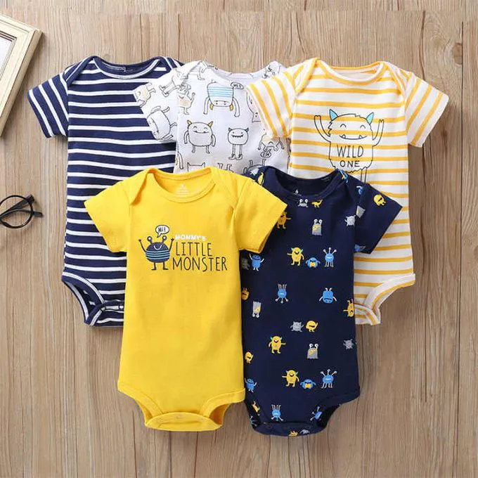 Fashion "Adorable 5PC Fashion Cotton Short-Sleeve Baby Girl Onesies | Versatile Bodysuit, Sleepsuit & Romper Set | Soft & Comfortable for Everyday Wear"