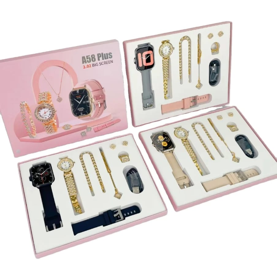 "7-in-1 A58 Plus Smart Watch Gift Set for Women – Big Screen Fitness Tracker with Bluetooth Calling, Health Monitors & Stylish Accessories | Includes Necklace, Earrings, Bracelet, Ring, Wireless Earph