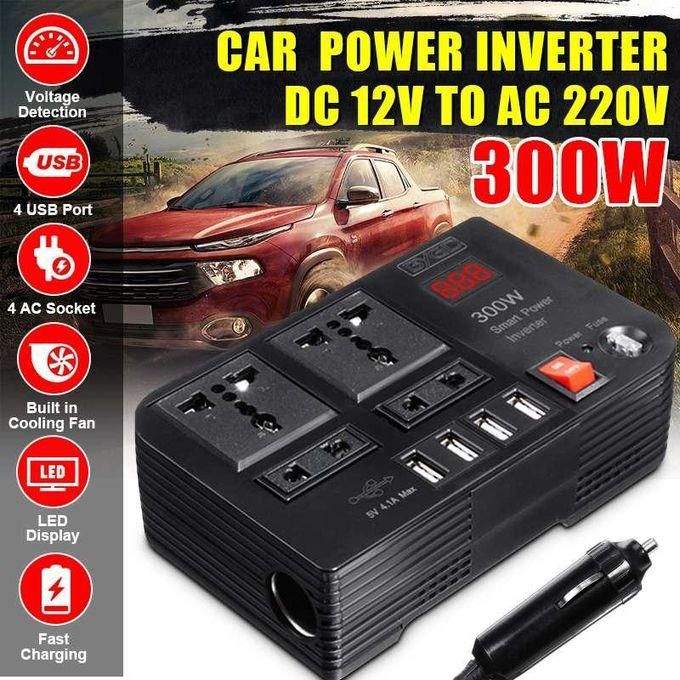 " Car Power Inverter DC 12V to AC 220V Converter  300W– High-Power Car Adapter with 4 AC Outlets & 4 USB Ports | Portable Charger for Laptops, Phones, and Devices | Ideal for Road Trips, Camping