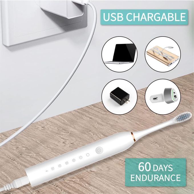 "Sonic Electric Toothbrush for Adults – USB Rechargeable Toothbrush with 4 Replaceable DuPont Brush Heads, High-Frequency Cleaning & IPX7 Waterproof Design | Available in Pink, White & Black"