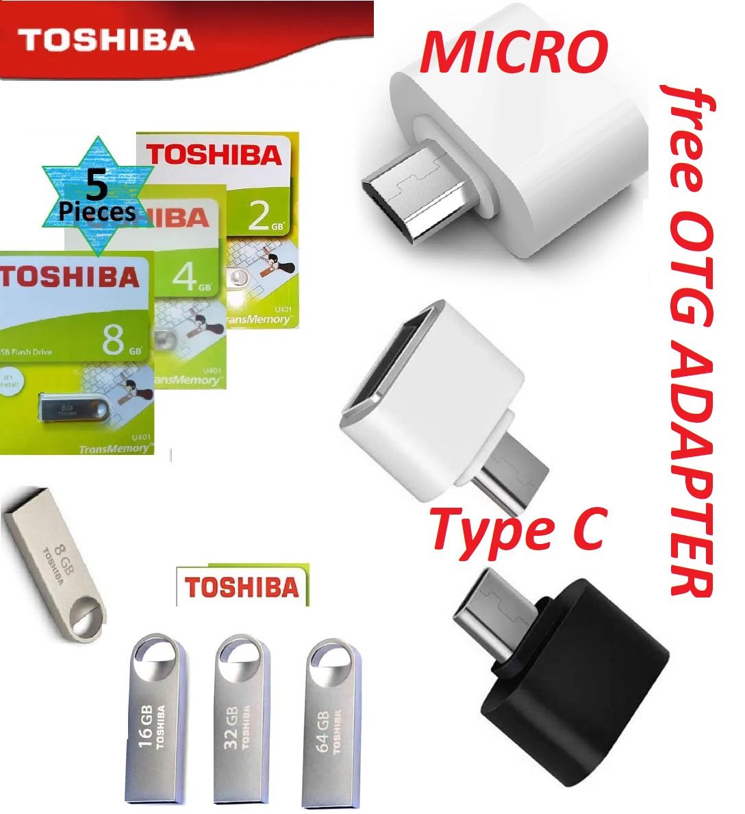 FREE GIFTS - 5PC TOSHIBA USB Flash Drive 2.0 Metal {2GB, 4GB, 8GB, 16GB, 32GB, 64GB} + OTC ADAPTERS