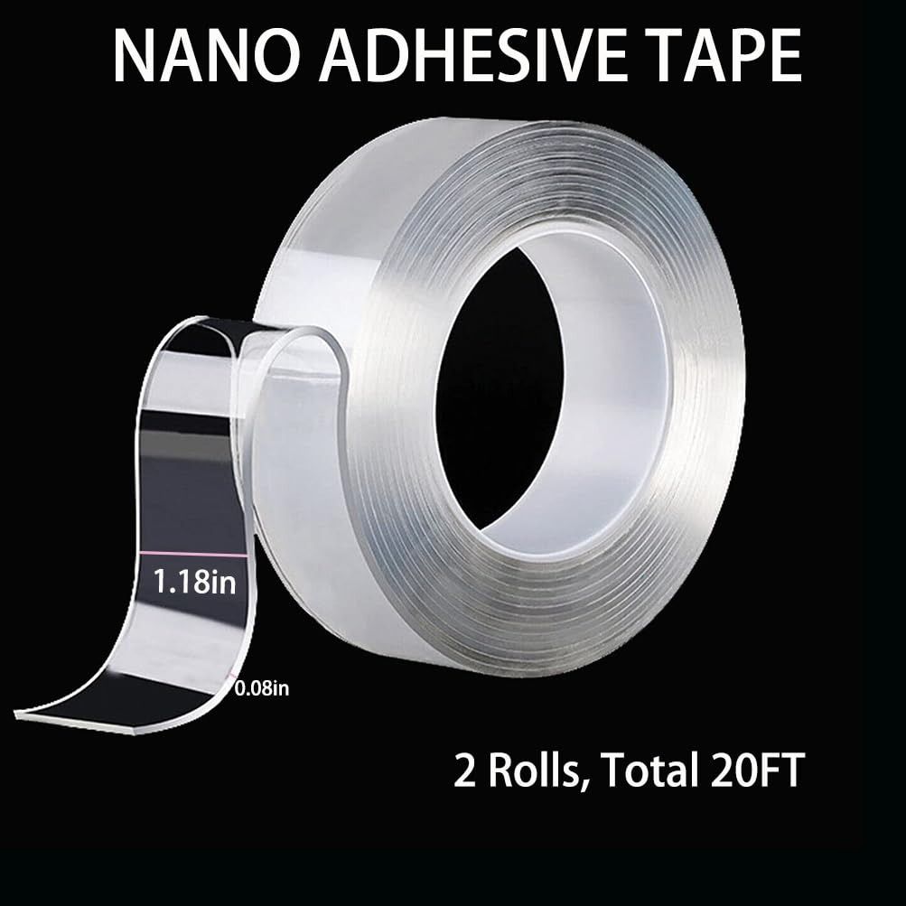 2 Roll PC Heavy Duty Double Sided Tape (Total 20FT), 1.18" Extra Large Nano Adhesive Tape, Clear Mounting Tape Strong Adhesive Strip, Removable Wall Hanging Tape Sticky Carpet Photo Frame Poster