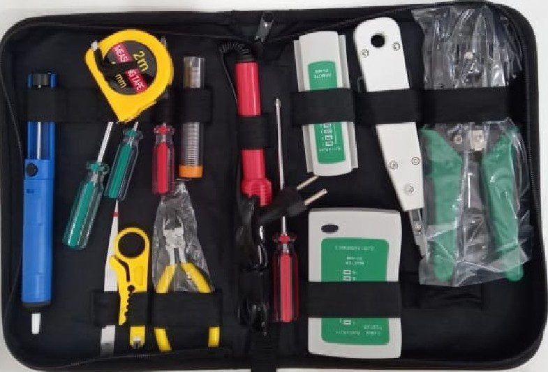 Network Tool Kit 15 In 1 Ethernet Crimping Tool For Cat5 / Cat5e / Cat6 /Cat6a,RJ11 / RJ45 Network Cable Tester Wire Tracer Punch Down Tool, Solder Gun, Solder, wire Cutter, screw drivers, tape measu