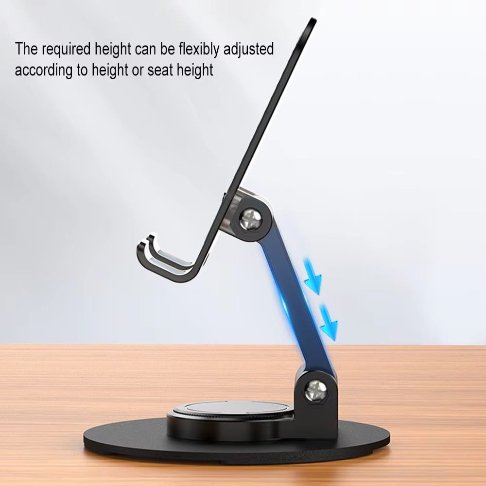 The desk phone holder is made of metal + ABS plastic with an adjustable stand and features 360-degree rotation