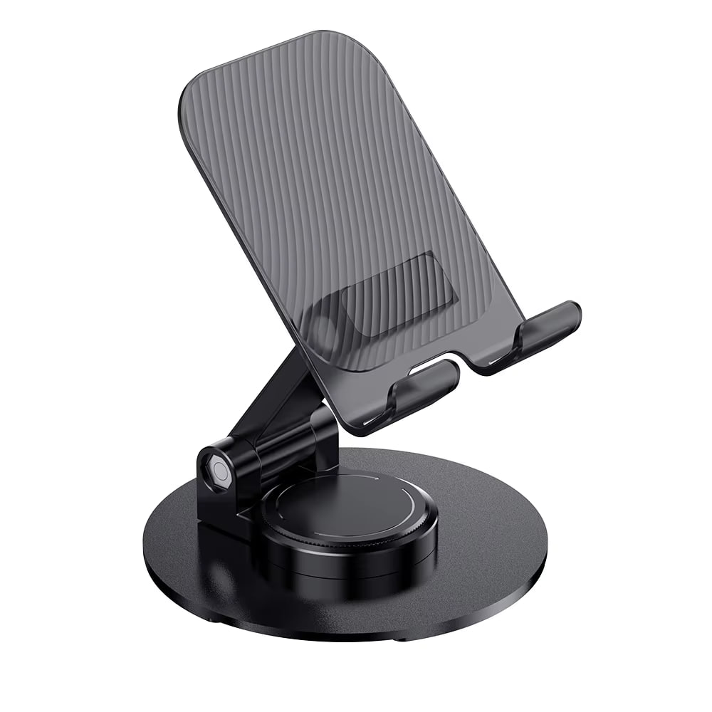 The desk phone holder is made of metal + ABS plastic with an adjustable stand and features 360-degree rotation