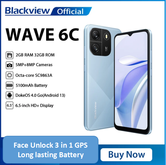 Blackview Wave 6C Smartphone 4(2+2)GB RAM+32GB ROM 6.5 Inches HD+IPS (Dual SIM), 5100mAh Face unlock Android 13 Smartphone