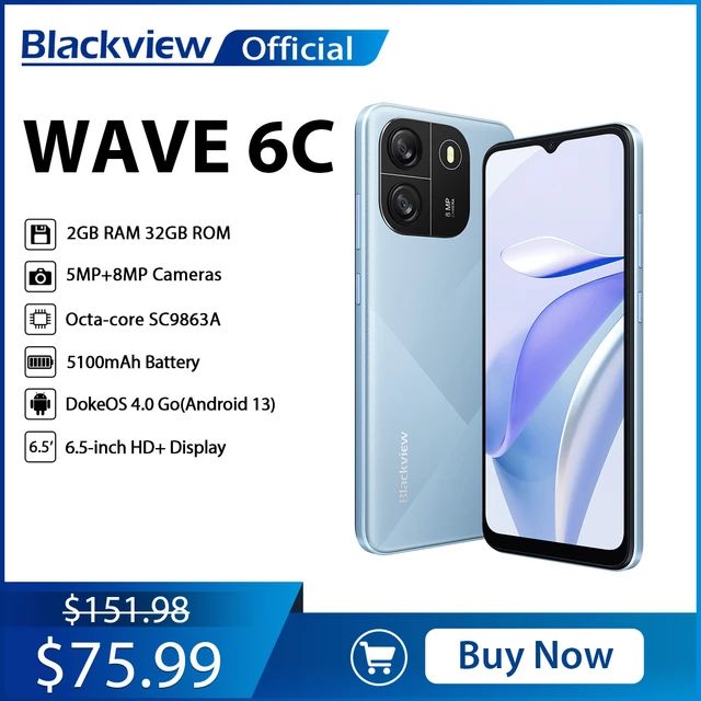 Blackview Wave 6C Smartphone 4(2+2)GB RAM+32GB ROM 6.5 Inches HD+IPS (Dual SIM), 5100mAh Face unlock Android 13 Smartphone