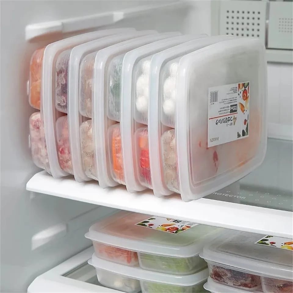 stackable, multi-compartment fridge containers designed for food storage. They are used to organize and separate different types of food, such as meat, vegetables, or leftovers, within a refrigerator