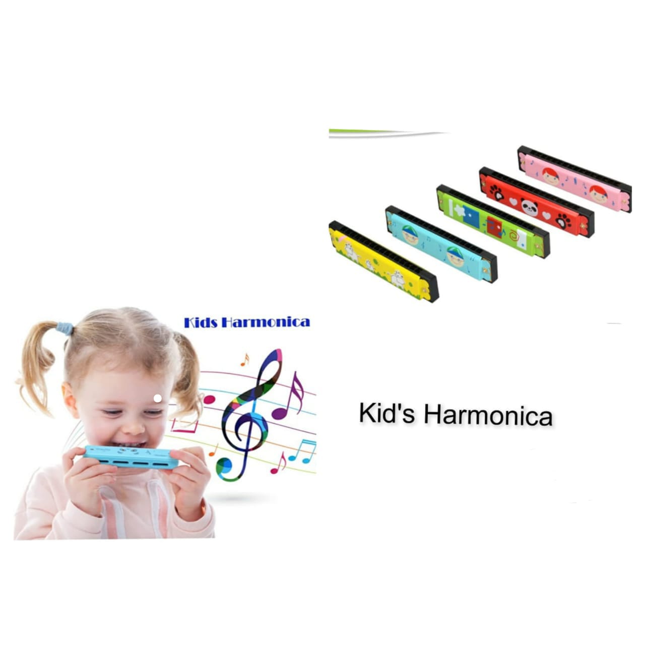 2PCS kids' harmonica.
It is a small, lightweight wind instrument designed for children. 
The harmonica is available in various colors and designs, often with cartoon patterns. 
It is suitable for begi
