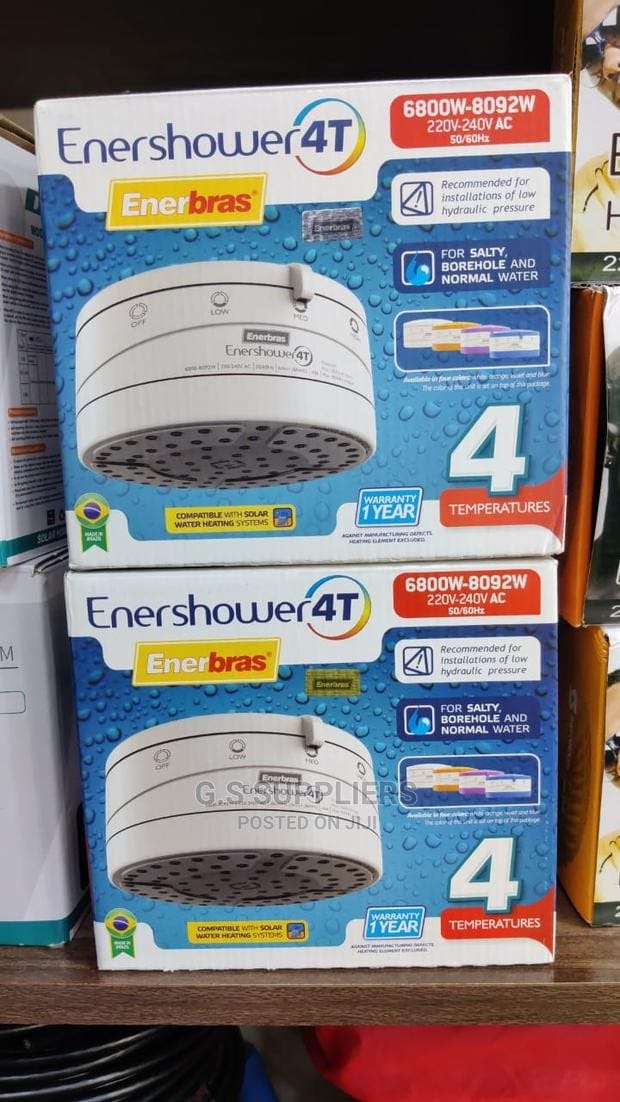 Enerbras Enershower 4T instant shower water heater.
This model is designed to work with salty, borehole, and normal water. 
It has four temperature settings: off/cold, low/warm, medium/hot, and high/v