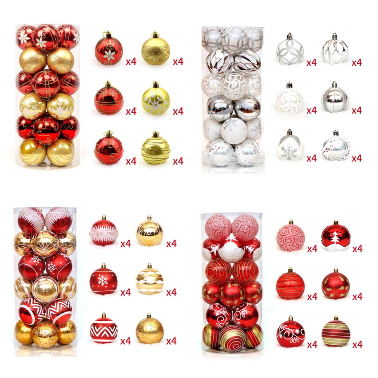 Christmas ball ornaments, which are typically used for decorating Christmas trees. Each set contains 24 pieces in different styles and colors, such as red, gold, white, and silver. 
The ornaments are