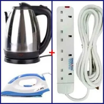 AILYONS 3-in-1 combo pack, which includes an electric kettle, a dry iron, and a 4-way extension cable. 
The electric kettle is a 1.8L cordless model with a stainless steel body and an automatic shut-o