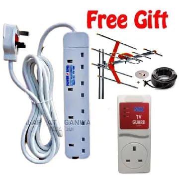 TV Guard, a power extension socket, and a TV antenna. The TV Guard is a voltage protection device designed to safeguard televisions and other electronic appliances from power fluctuations, surges, and