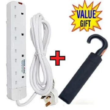 Power King 4-way power extension cable, which is often sold with a free umbrella as a "value gift". 
It is a 4-way extension cable with a 3-meter cord and surge protection.
The sockets are shuttered f