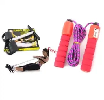 tummy trimmer and a skipping rope.
Tummy Trimmer: This is an exercise tool designed to help strengthen and tone the upper body, legs, hips, and thighs. It uses flexible springs or resistance bands to
