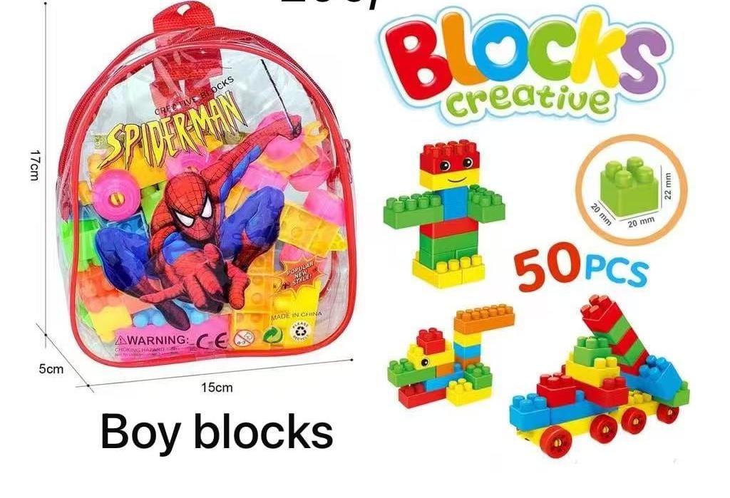 Creative Blocks" with a Spider-Man theme. The product includes 50 pieces of building blocks and is sold in a clear, zippered bag. 
Product Name: Creative Blocks Spider-Man
Number of Pieces: 50
Recomme