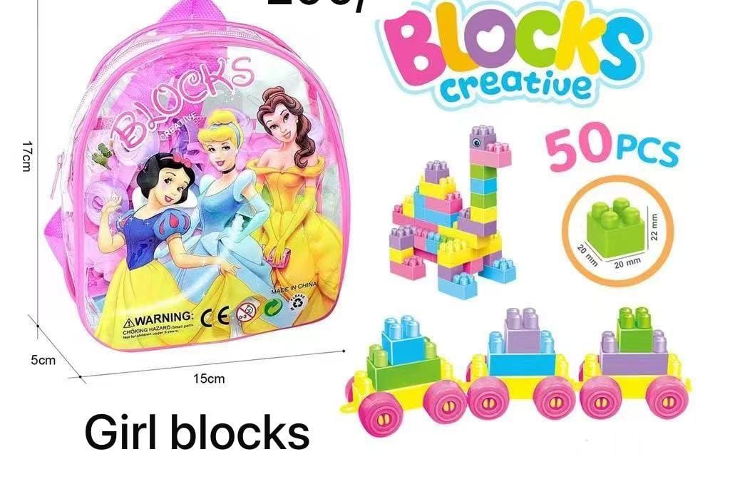 Creative Blocks" with a Spider-Man theme. The product includes 50 pieces of building blocks and is sold in a clear, zippered bag. 
Product Name: Creative Blocks Spider-Man
Number of Pieces: 50
Recomme