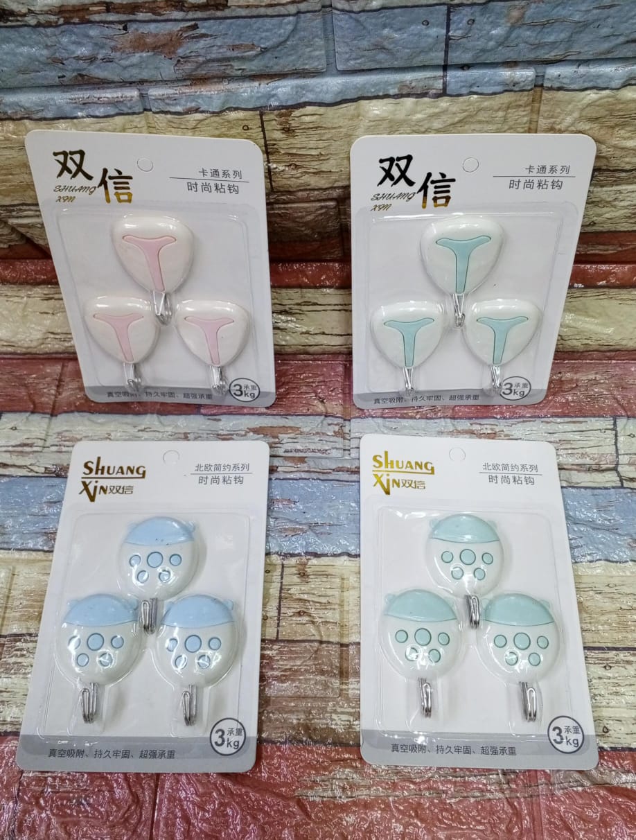 2pairs pack of three self-adhesive wall hooks. 
They are designed for vacuum suction to provide a strong and lasting hold.
The hooks are made of plastic and stainless steel.
The maximum weight capacit