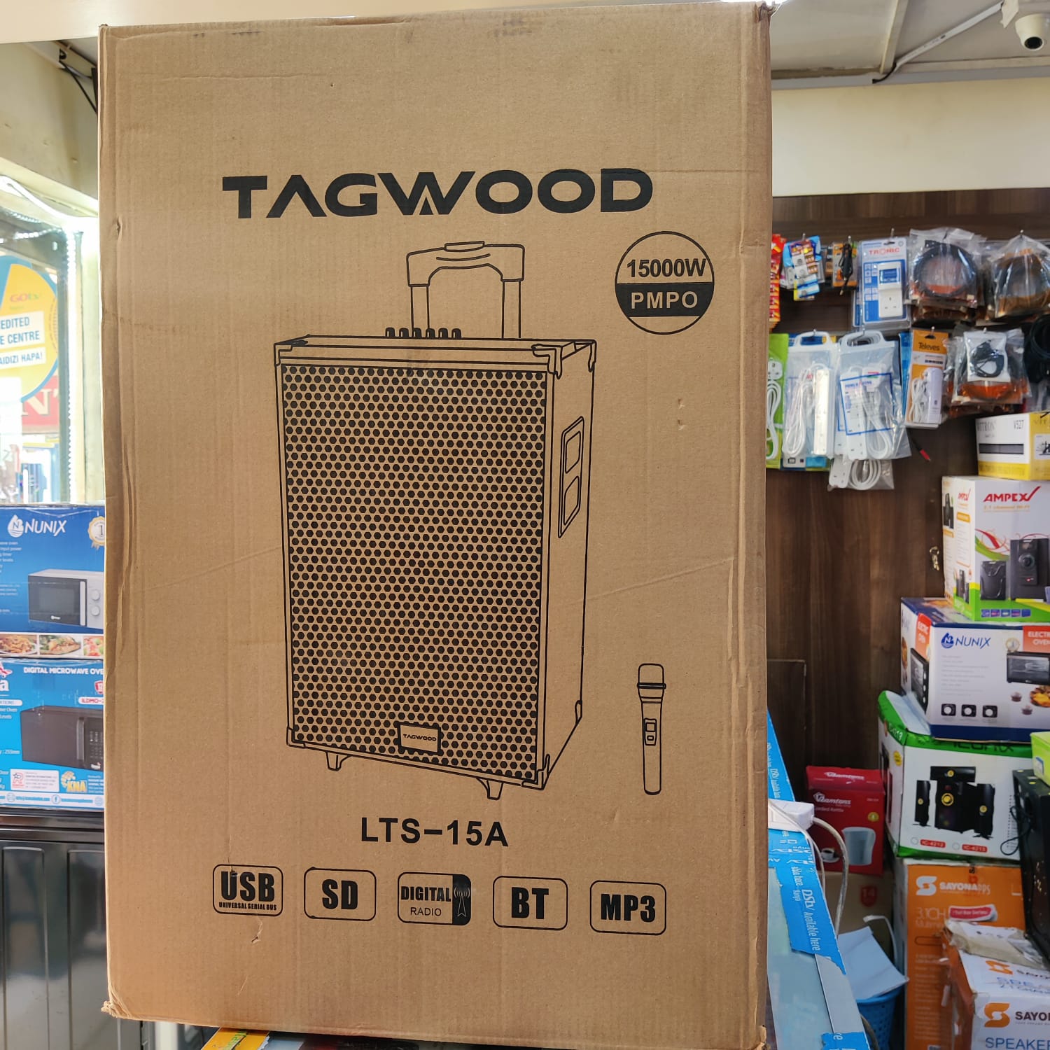 Tagwood LTS-15A trolley speaker.
It is a portable, rechargeable Bluetooth speaker with a 15-inch subwoofer. 
The speaker has a power output of 15000W PMPO. 
It features multiple connectivity options,