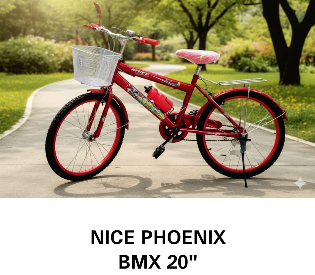 Nice Phoenix BMX 20" bicycle.
This bicycle is designed for children aged 6 to 12 years. 
It is a red bike that comes with a stand, a front metallic basket, and a heavy-duty carrier.