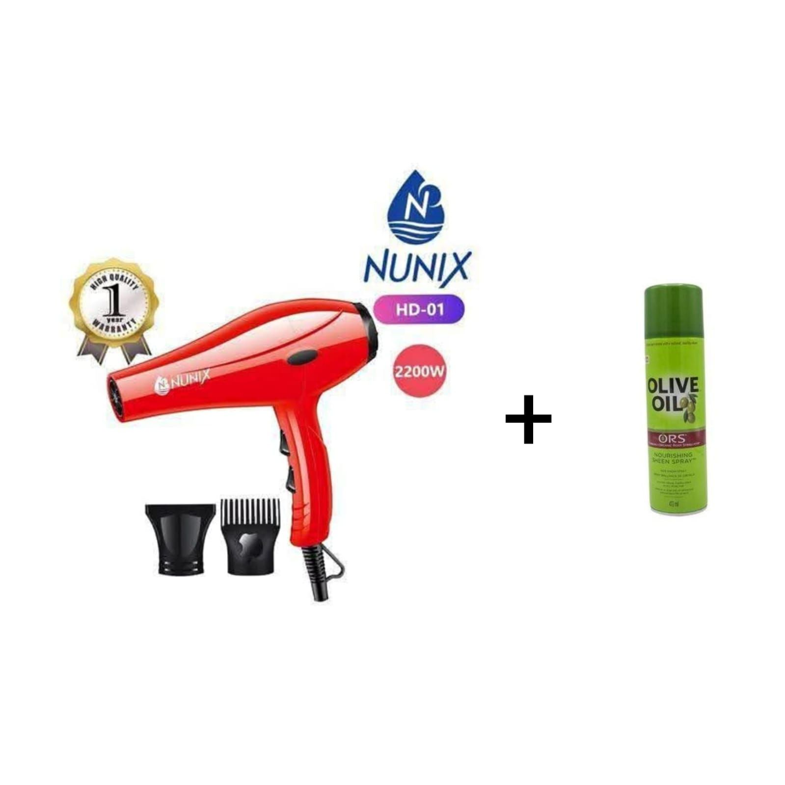 Nunix HD-01 hair dryer bundled with a bottle of ORS Olive Oil Nourishing Sheen Spray.
Product: Nunix HD-01 2200W Professional Hair Dryer
Features: The hair dryer has a 2200W AC motor, 2 speed settings
