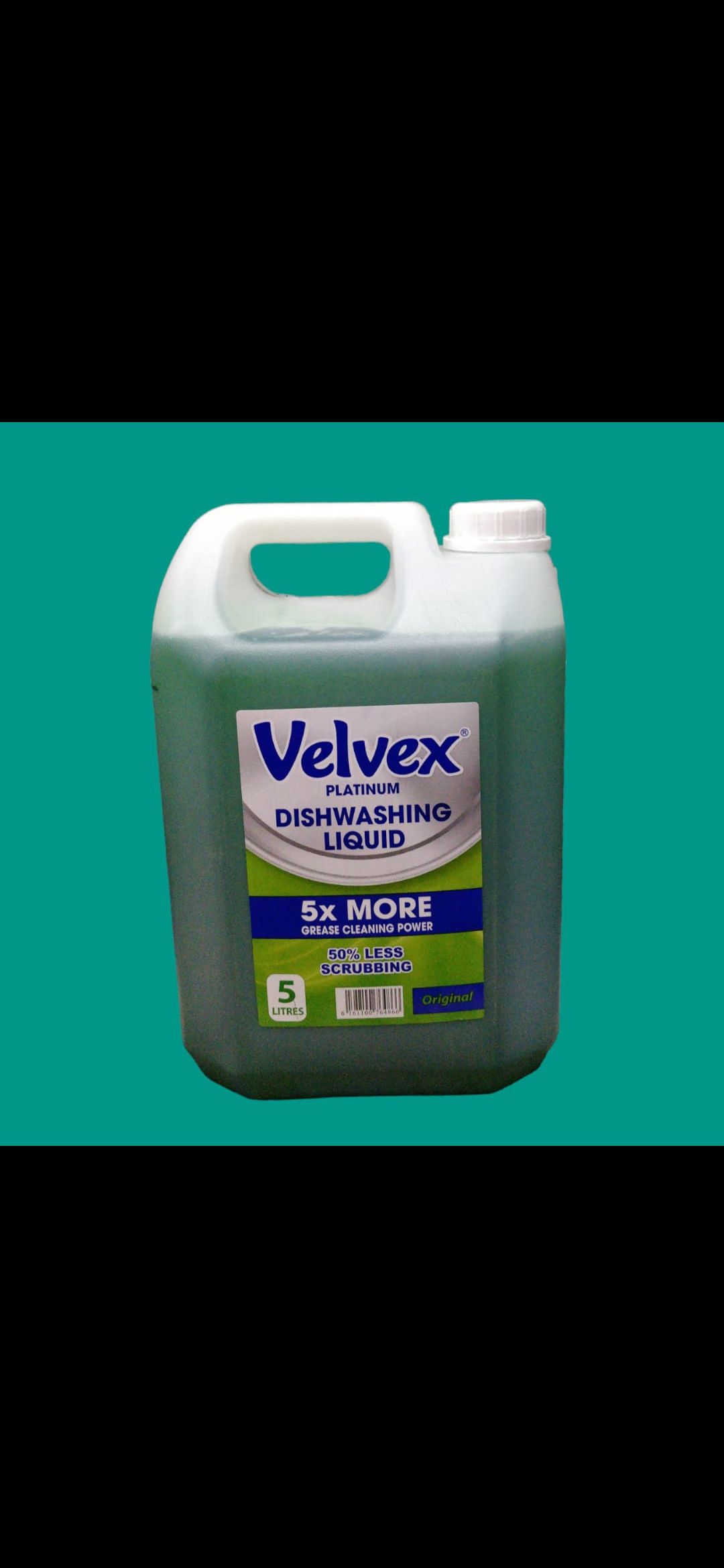 Velvex Platinum Dishwashing Liquid in a 5-liter container. 
Features a concentrated formula with 5x more grease cleaning power.
Designed to require 50% less scrubbing.
Safe for septic sys
