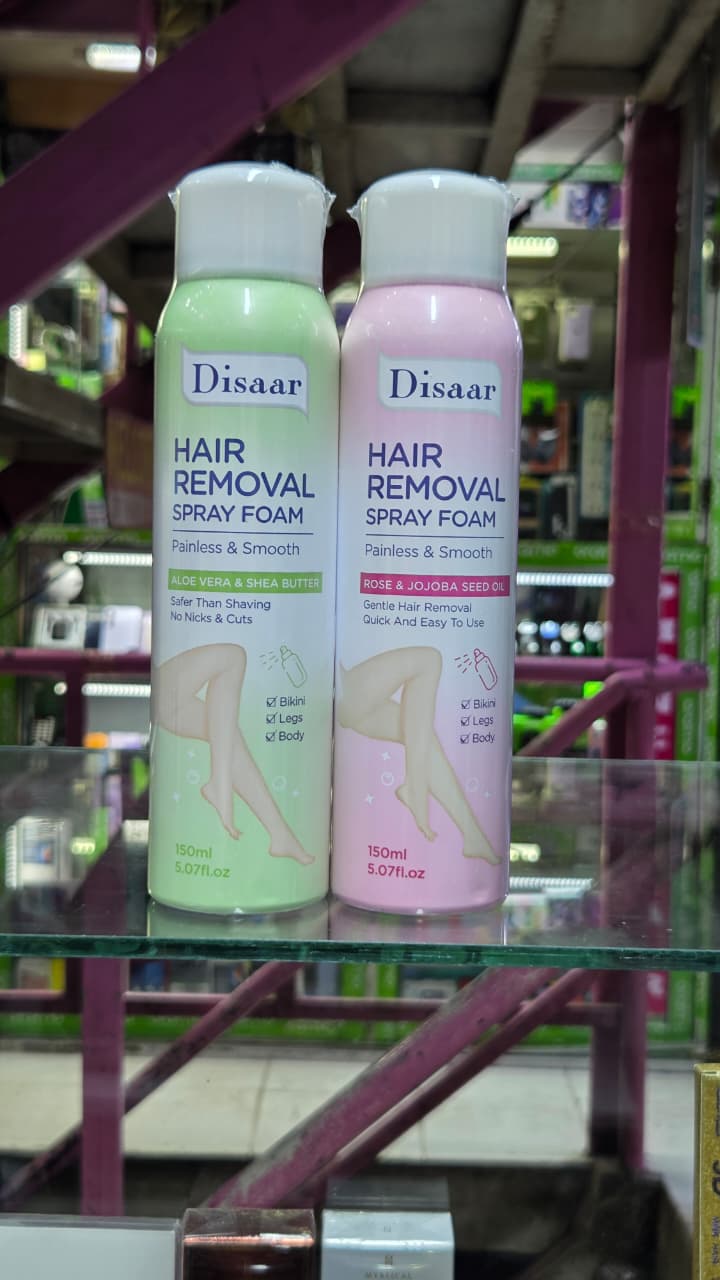 Disaar Hair Removal Spray Foam, a cosmetic product designed for painless hair removal. 
Key features and usage details include:
Painless and Smooth: The formula is designed to be a painless alternativ