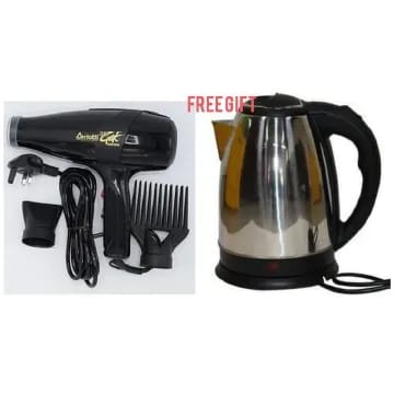 Ceriotti hair dryer and a free electric kettle. 
Hair Dryer Specifications: Features a long-life AC motor with 2 speed and 3 heat settings for styling flexibility. 
Included Accessories: Comes with an