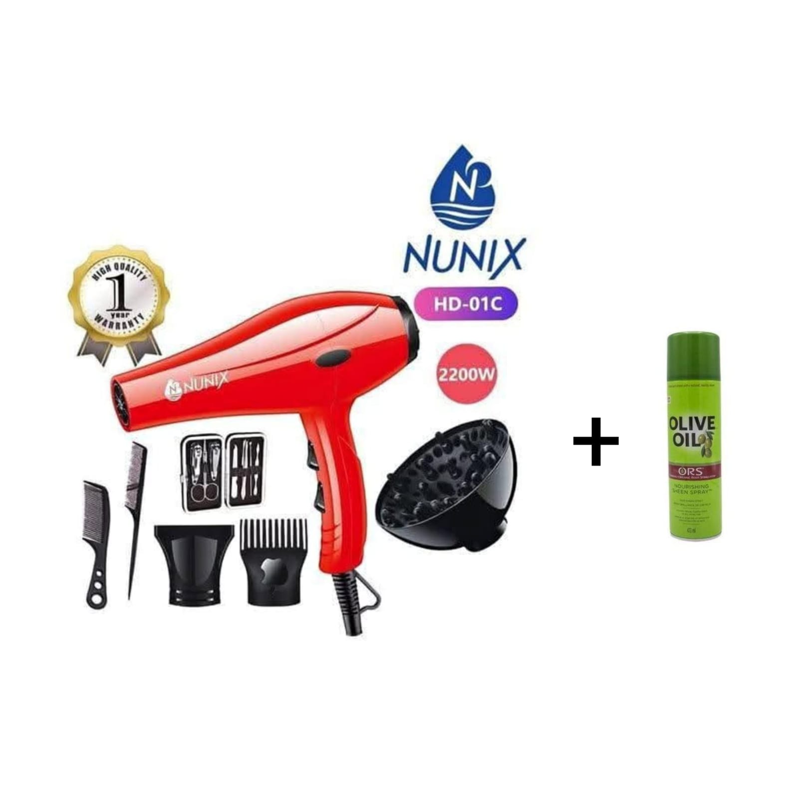 Nunix HD-01C 2200W Blow Dry Hair Dryer kit, which includes a hair dryer, beauty accessories, and a bottle of ORS Olive Oil nourishing sheen spray.
Power: 2200W professional AC motor system. 
Settings: