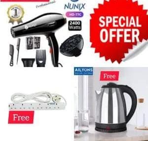 Nunix 2400W Professional Hair Blow Dryer set which includes a kettle and extension cable. 
Power & Settings: 2400 Watts power with adjustable heat (cold/warm/hot) and speed settings. 
Accessories: Com