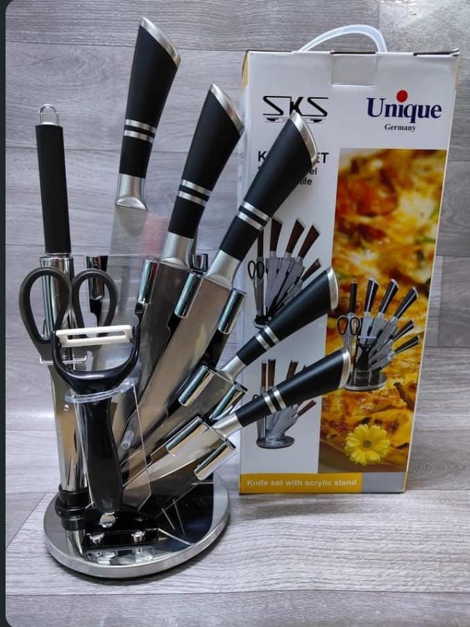 Knife set 

 In stock 💯🔥 

 

High quality strong Unique 9 Pcs Kitchen knife set with 360 degrees rotating magnetic stand for perfect and classy use