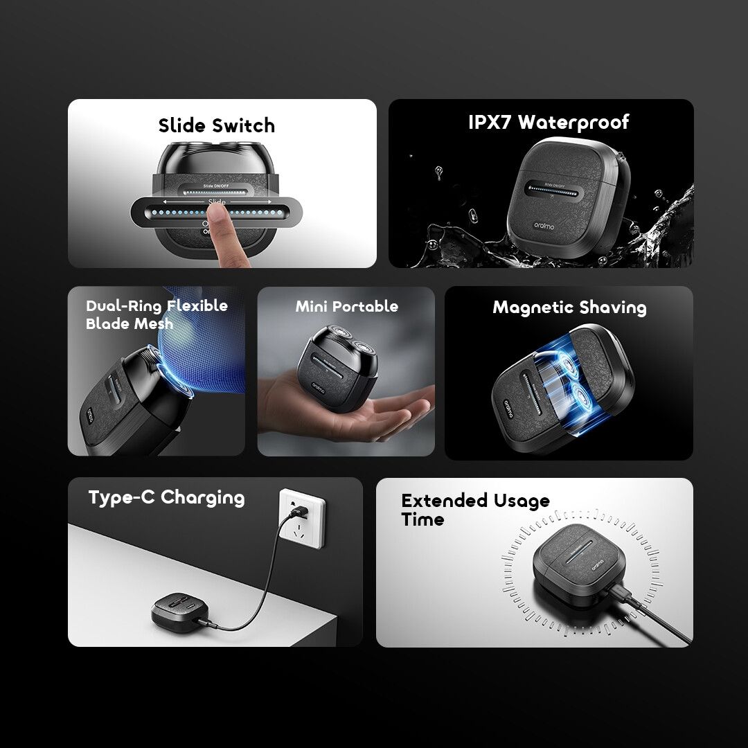 ARRIVALS🎀Oraimo ORS-210N GoShave Multi-Functional Shaver, slide switch, wet and dry use, long lasting battery - Black🦋Dual-Ring Flexible Blade Mesh
Faster, Smoother Shaving—No More Tugging
The dual-