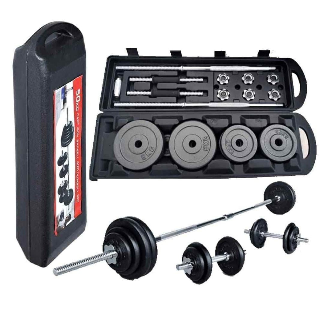 🦋50 KG ADJUSTABLE DUMBELL TO BARBELL WEIGHT🎀This 50 kg weight set with barbell and portable briefcase and free Ez Curl bar  comprises of✔️ 0.5kg*6pcs,
✔️ 1.25kg*6pcs,
✔️ 2.5kg*4pcs
✔️ 5kg*4pcs 
✔️ 2
